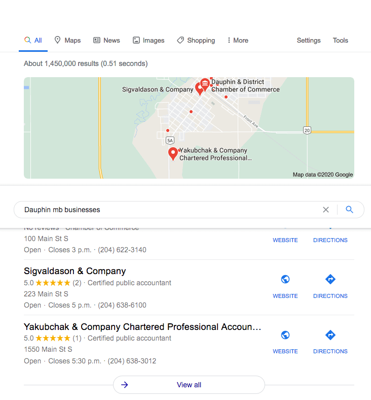 google screenshot of an example 3 pack local search
