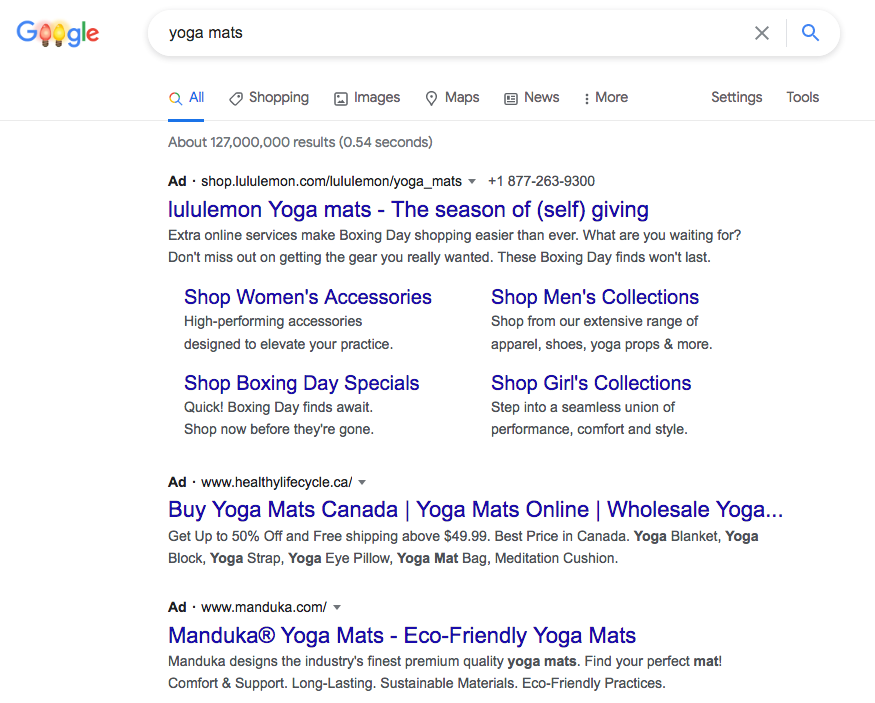 Example search result screenshot of google ads