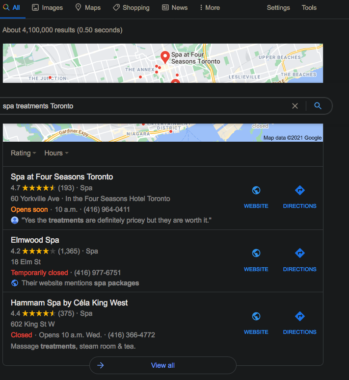 Screen shot for example of results page map local pack google