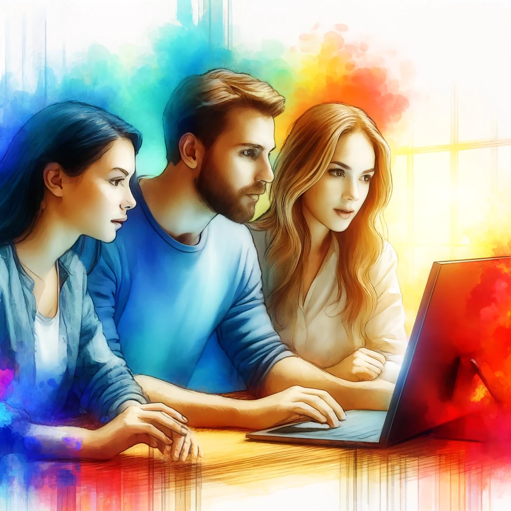 a group of people looking at a laptop, water color, vibrant