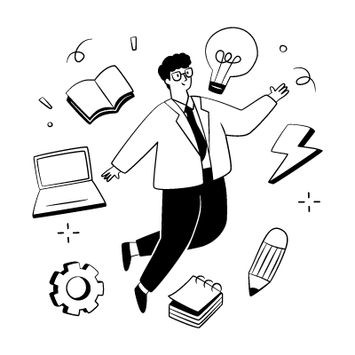 Person with floating icons (computer, pencil, book, gear) around in a circle