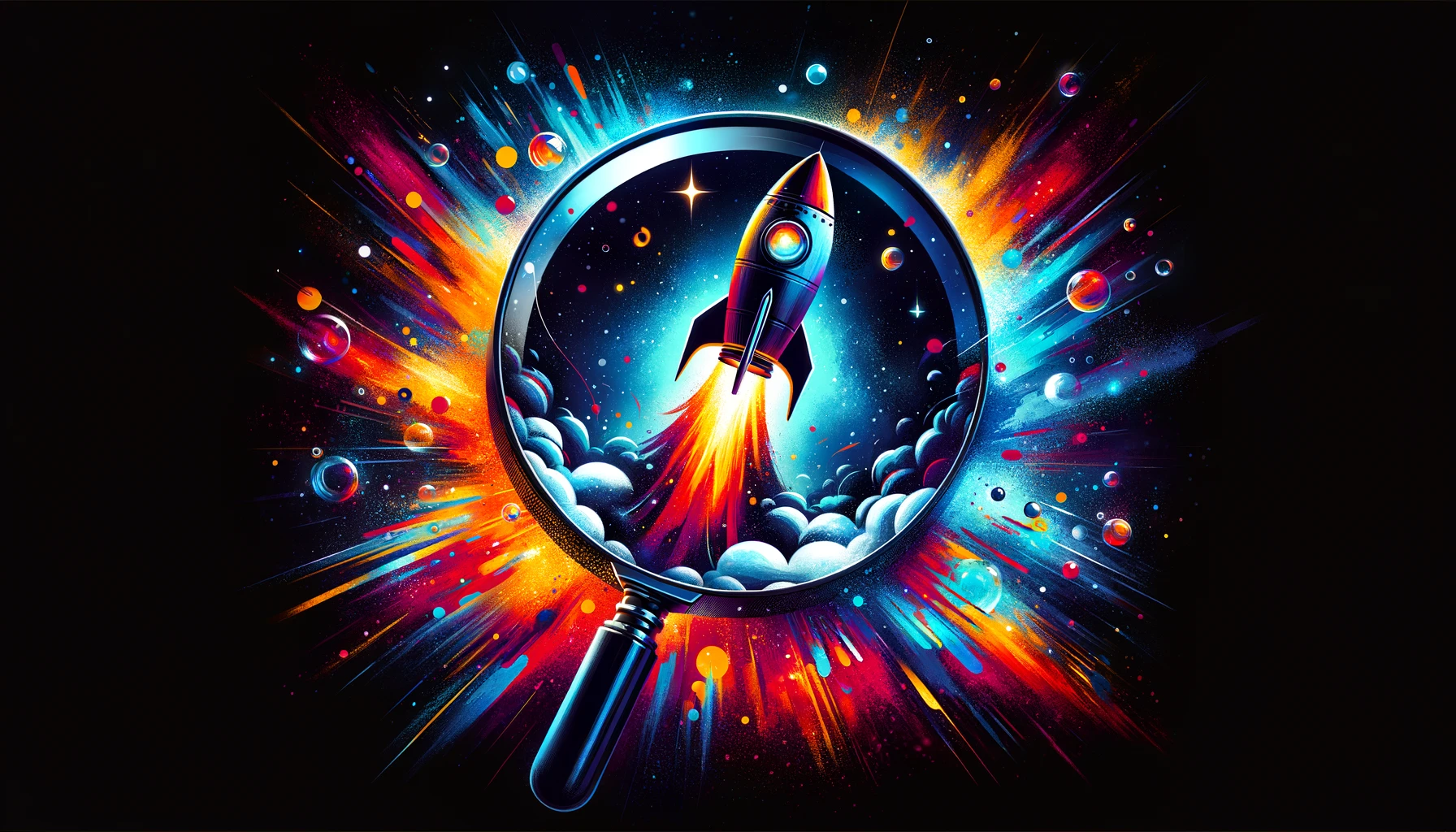 Rocket inside a magnifying glass with stars and vibrant colors. depicting rocket growth