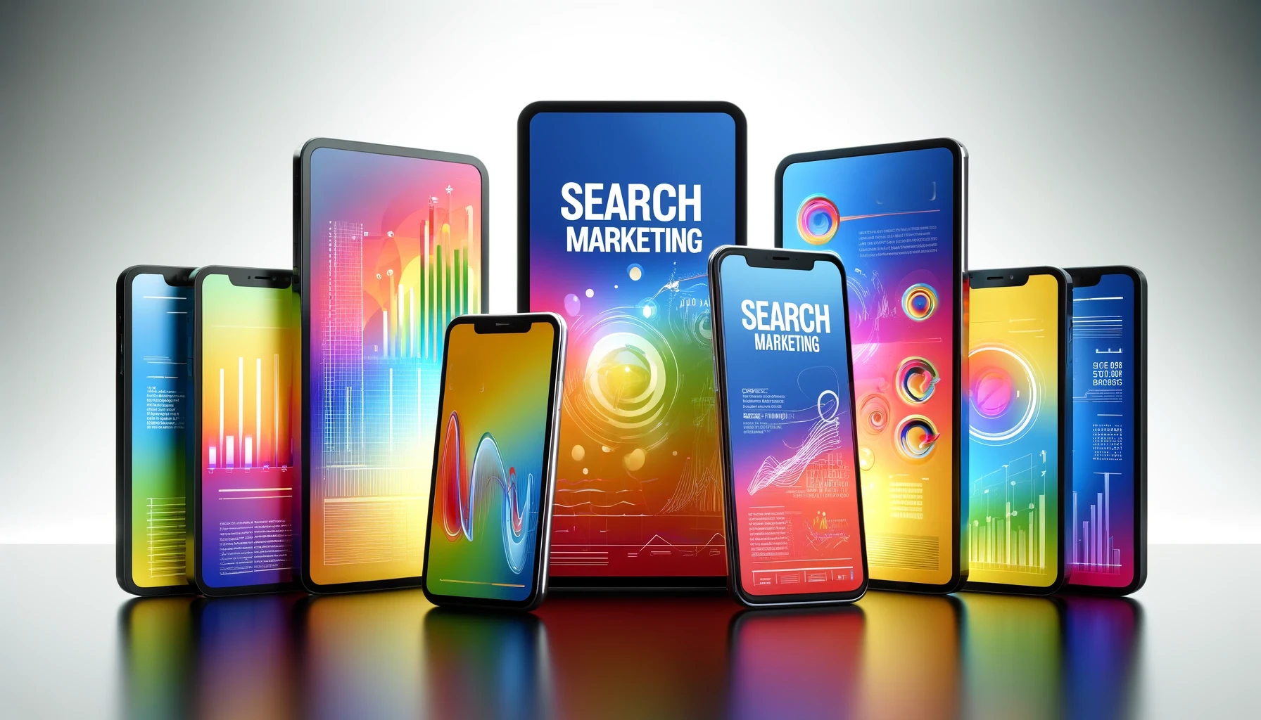 Mock up smart phones with the words "Search Marketing"