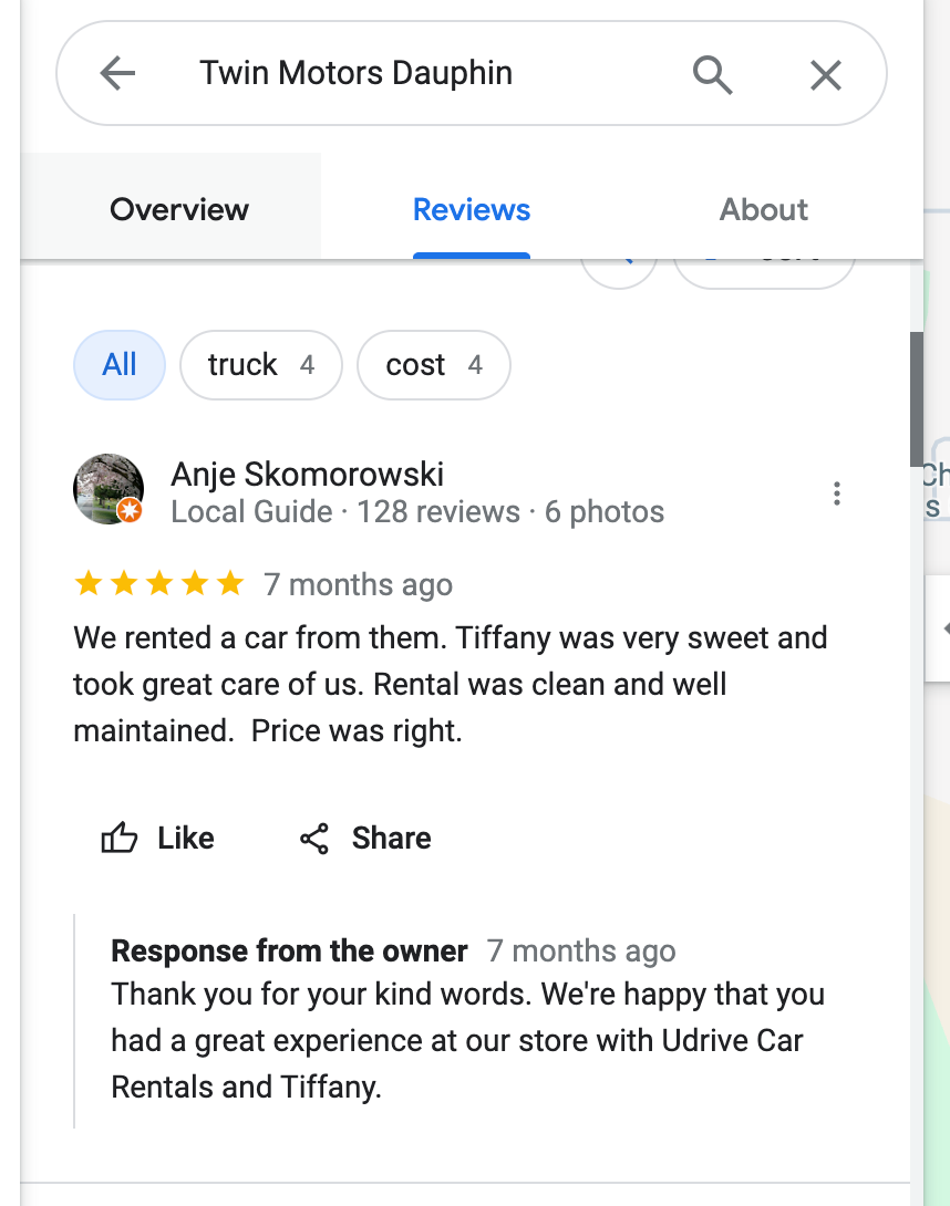 Review response on Google Maps for Dauphin Manitoba - Twin Motors